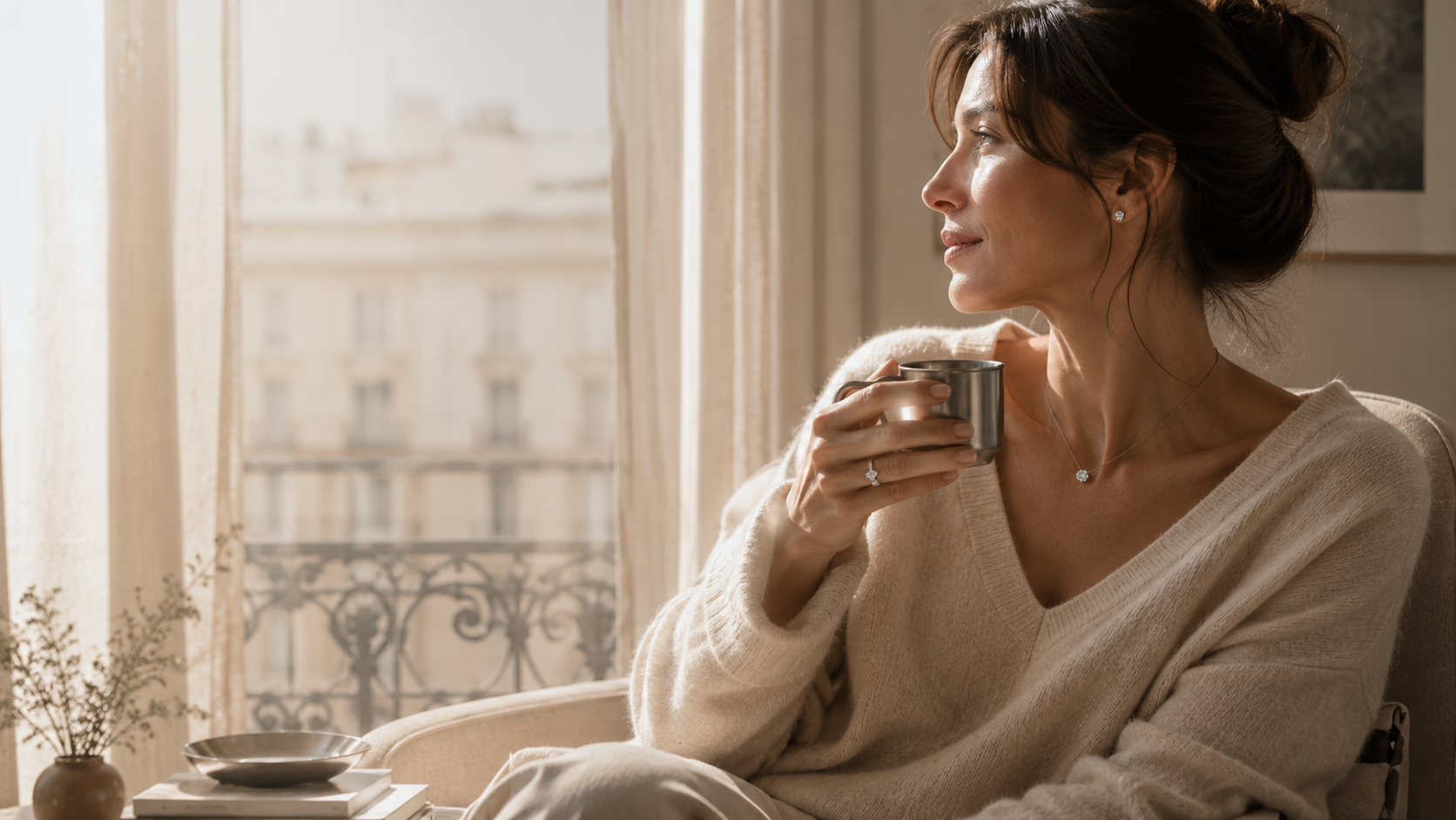 Woman wearing Audreana fine jewelry in warm morning light