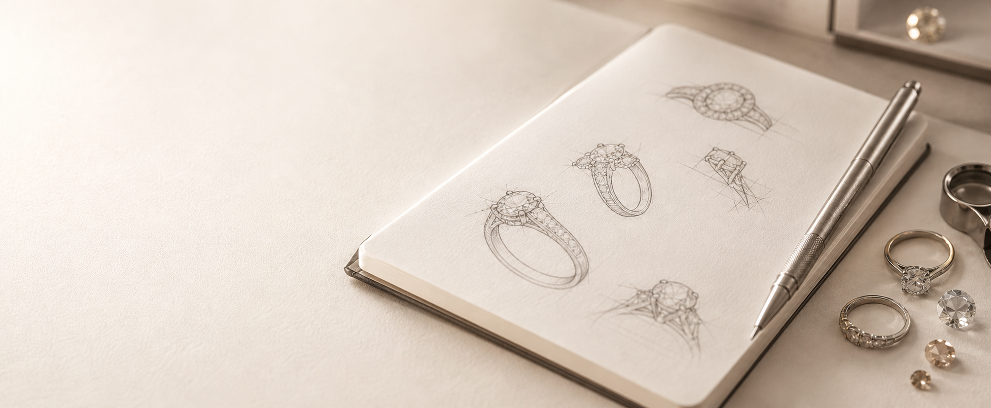 Jewelry sketchbook, pen, ring settings and design tools