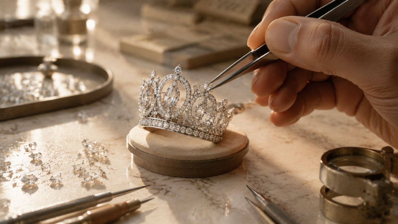 Artisan setting diamonds into a bespoke jewel