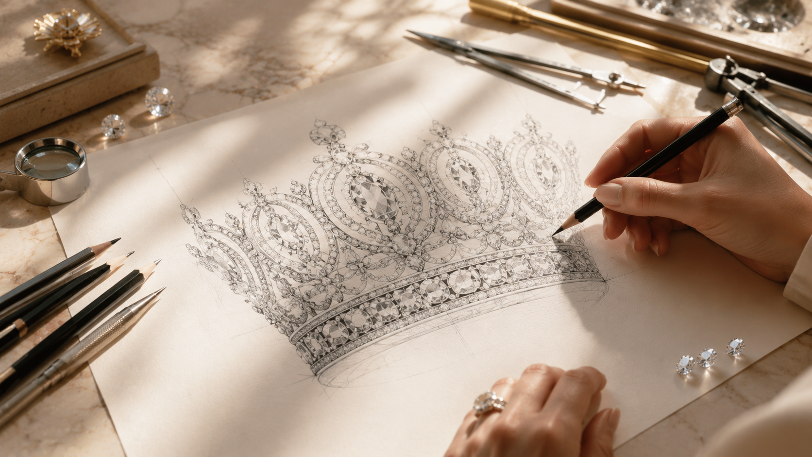 Designer hand drawing a crown jewelry sketch