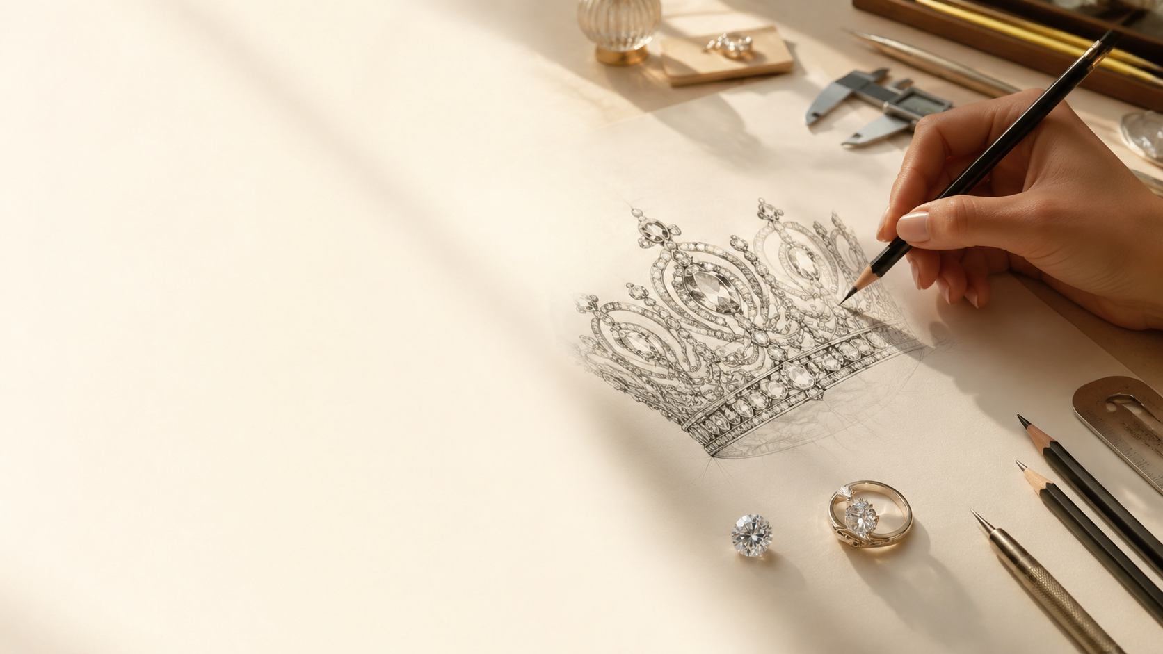 Bespoke crown sketch with diamonds, rings and design tools