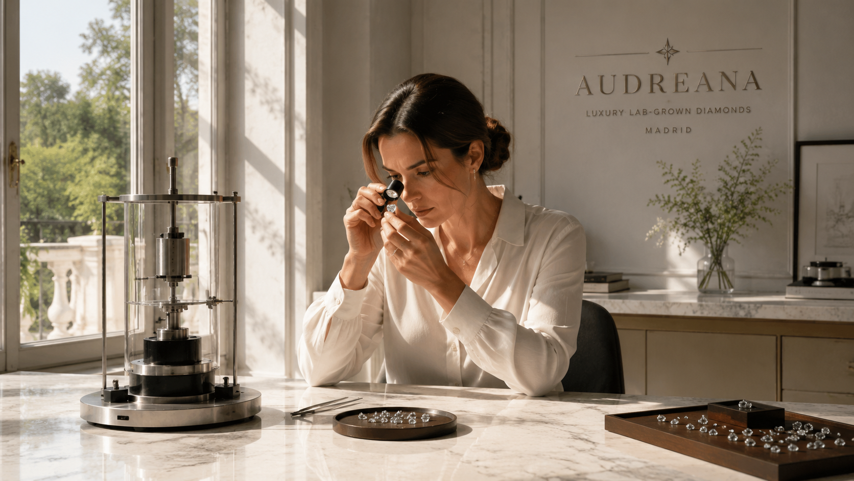 Audreana diamond specialist examining a lab-grown diamond